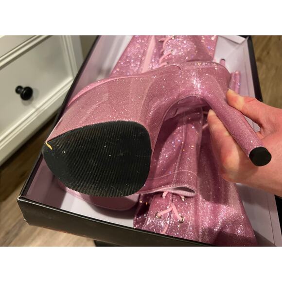 Pleaser Shoes USA Thigh High Pink Sparkle Boots with 8” Heel, Lace-Up Front - Picture 3 of 3